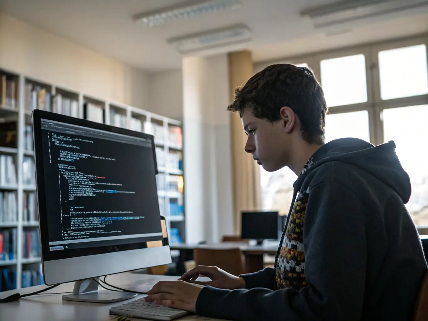 A student working on a JavaScript project, debugging code on a computer screen in a collaborative workspace.