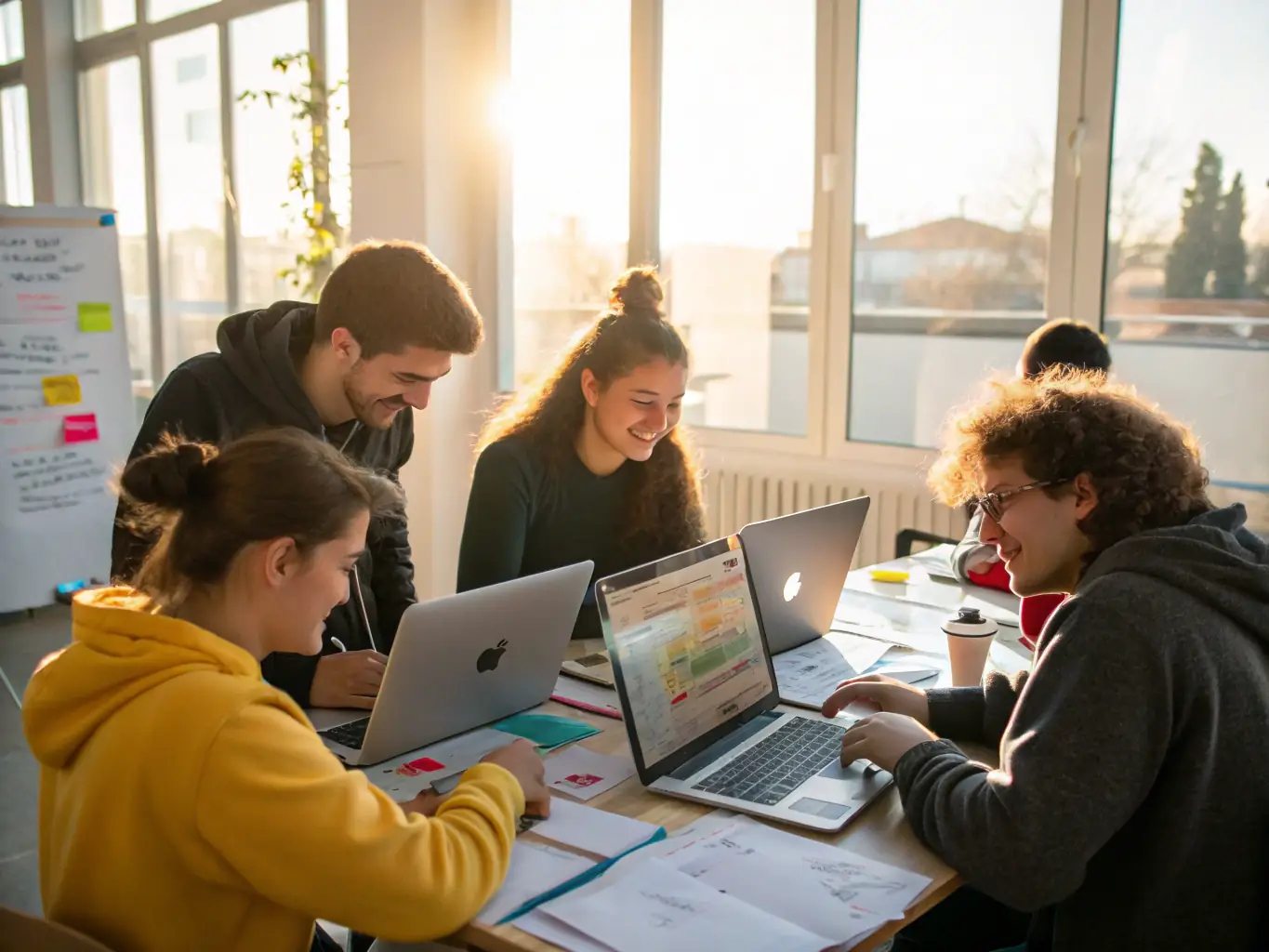 A group of students collaborating on a web development project, using various devices and tools in a modern tech environment.
