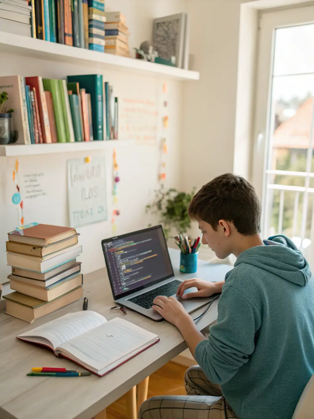 A student enthusiastically coding at a modern computer, surrounded by multiple monitors displaying lines of code, in a well-lit classroom setting at Dreamfactor, symbolizing the hands-on learning experience in the HTML course.