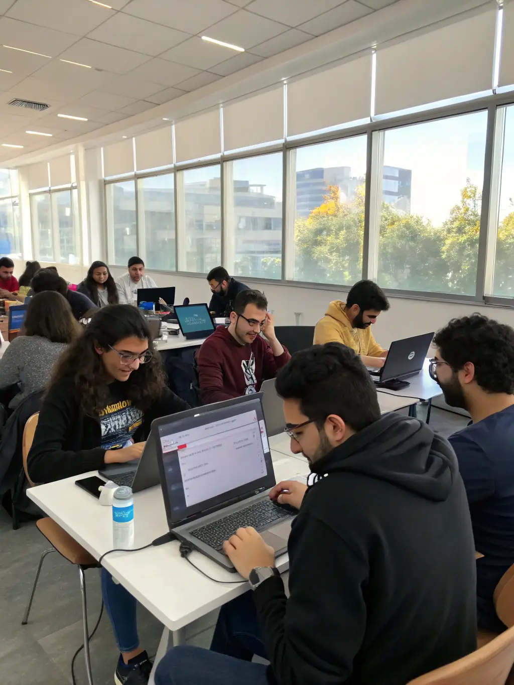 A group of students collaborating on a web development project, using a shared screen and discussing code, in a team-oriented setting at Dreamfactor, emphasizing the collaborative nature of web development.