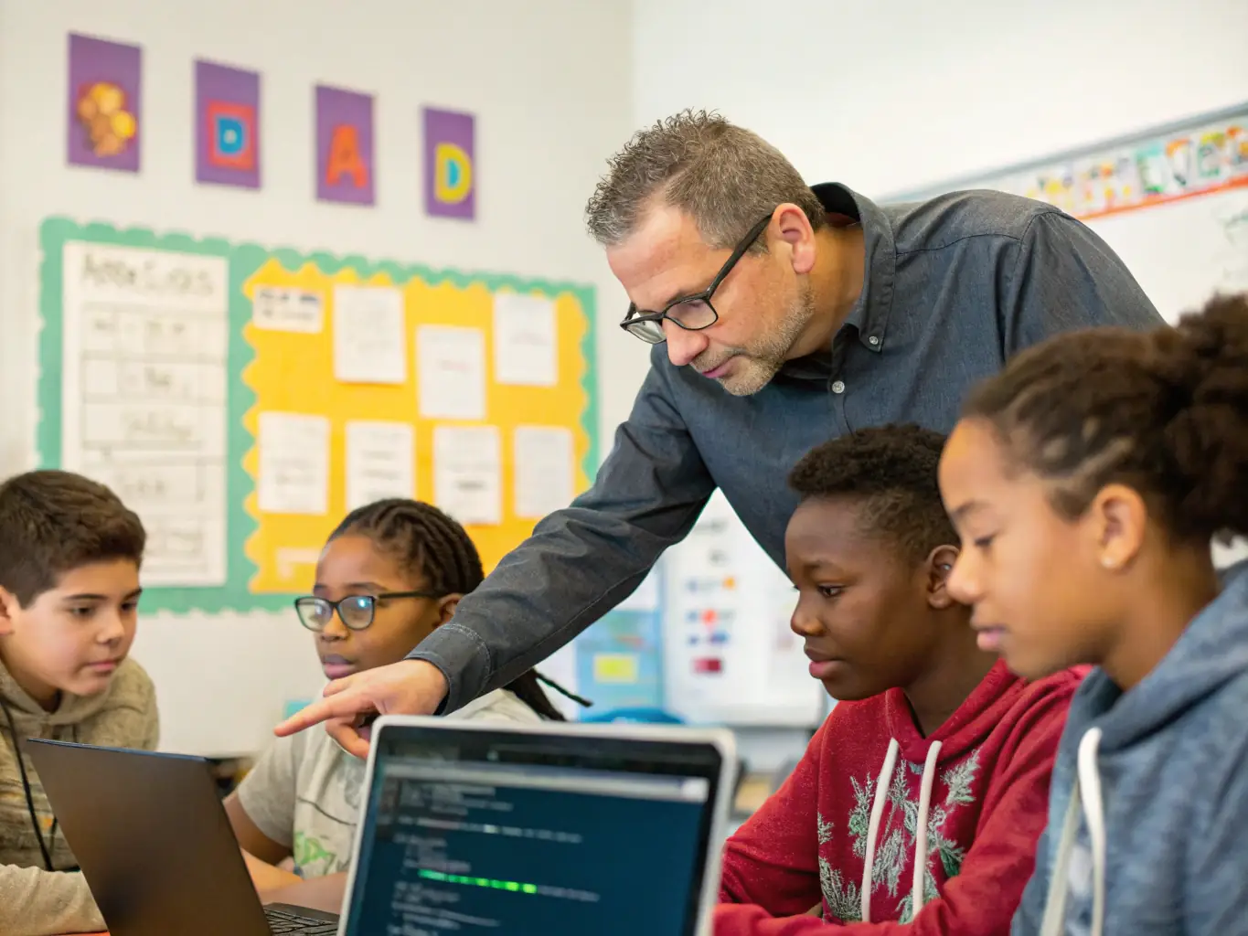 An instructor guiding students through a live coding session on a laptop, with a focus on HTML and CSS, in a modern classroom setting.