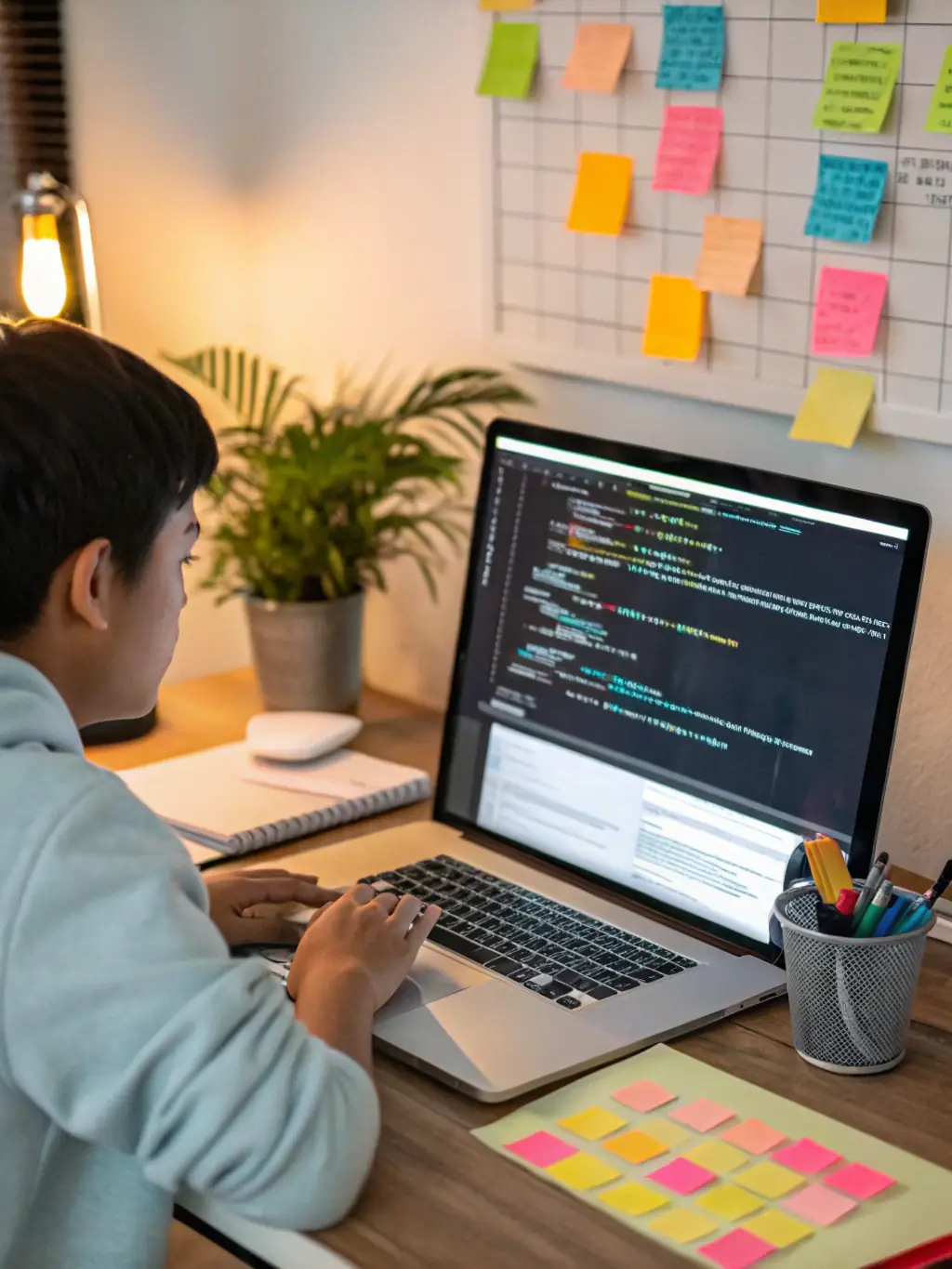 A student designing a responsive website layout on a laptop, with various device mockups displayed around them, in a collaborative workspace at Dreamfactor, representing the practical application of CSS skills.